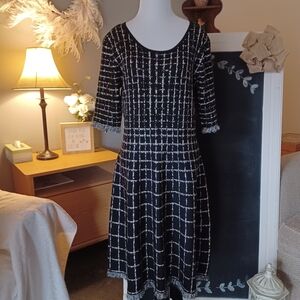 Taylor windowpane print w/ fringe stretcy sweater dress.